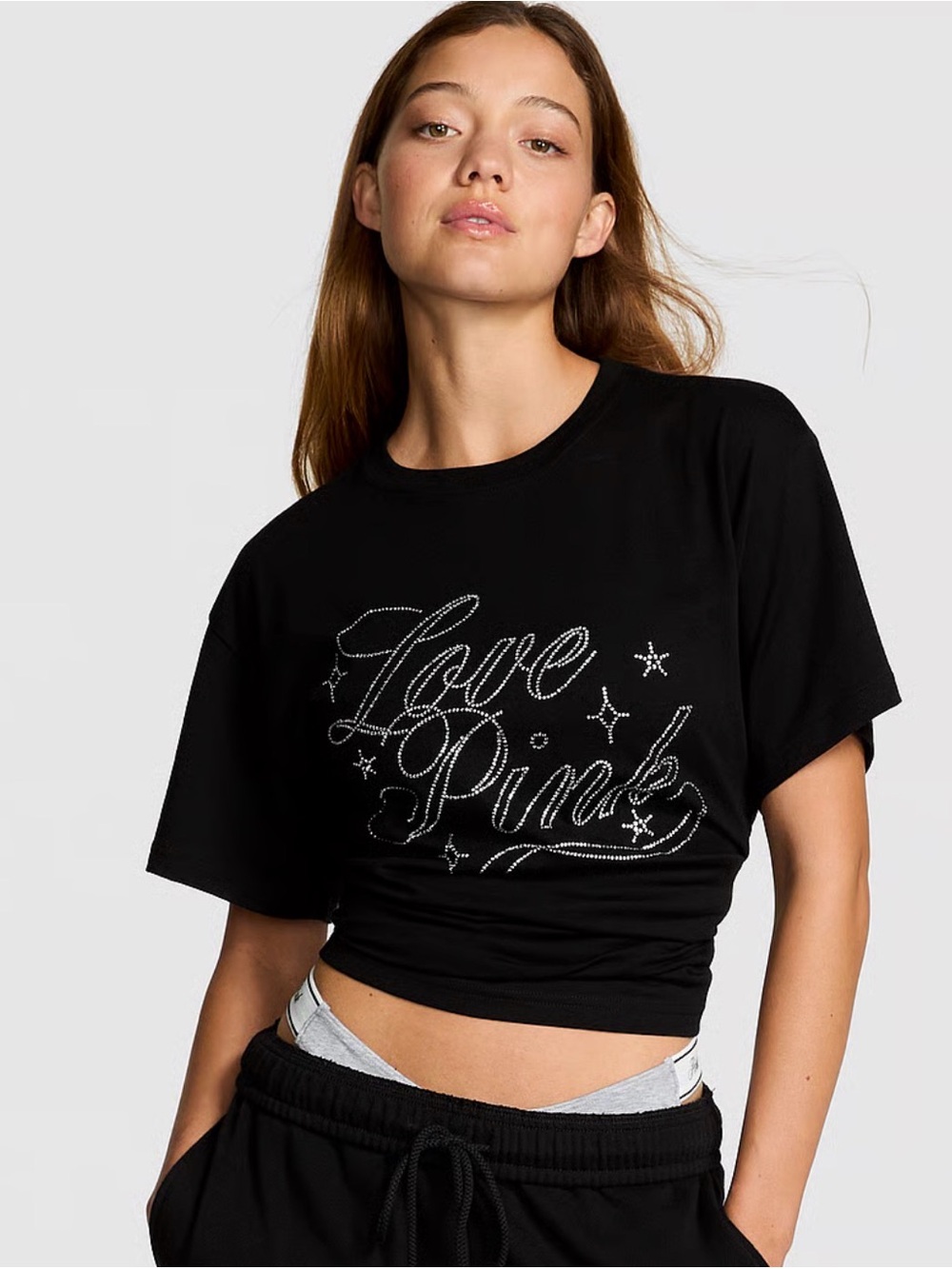 NWT Victoria’s Secret PINK Limited Edition 2025 Love Pink Rhinestone Tee Black - Picture 3 of 5